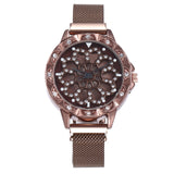 Luxury Rose Gold Watch Women Special Design 360 Degrees Rotation Diamond Dial Watches Mesh Magnet Starry Sky Ladies Watch Quartz