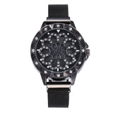 Luxury Rose Gold Watch Women Special Design 360 Degrees Rotation Diamond Dial Watches Mesh Magnet Starry Sky Ladies Watch Quartz