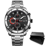 MEGIR Men's Blue Dial Chronograph Quartz Watches Fashion Stainless Steel Analogue Wristwatches for Man Luminous Hands 2075G-2