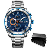 MEGIR Men's Blue Dial Chronograph Quartz Watches Fashion Stainless Steel Analogue Wristwatches for Man Luminous Hands 2075G-2