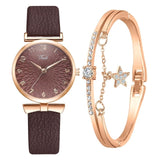 Women Watches Bracelet Set Flowers Ladies Bracelet Watch Casual Leather Quartz Wristwatch 2pcs Set Clock Gifts Relogio Feminino