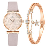 Women Watches Bracelet Set Flowers Ladies Bracelet Watch Casual Leather Quartz Wristwatch 2pcs Set Clock Gifts Relogio Feminino