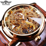 Winner Transparent Golden Case Luxury Casual Design Brown Leather Strap Mens Watches Top Brand Luxury Mechanical Skeleton Watch