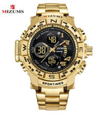 Mizums Brand Quartz Watch Men's Sport Watches Men Steel Band Military Clock Waterproof Gold LED Digital Watch Relogio Masculino